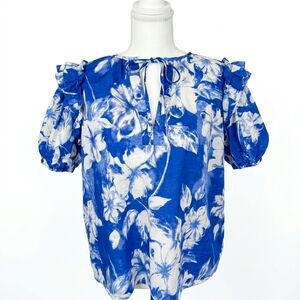 Olivaceous Royal Blue and White Floral Tie-Neck Puff Sleeve Blouse Large